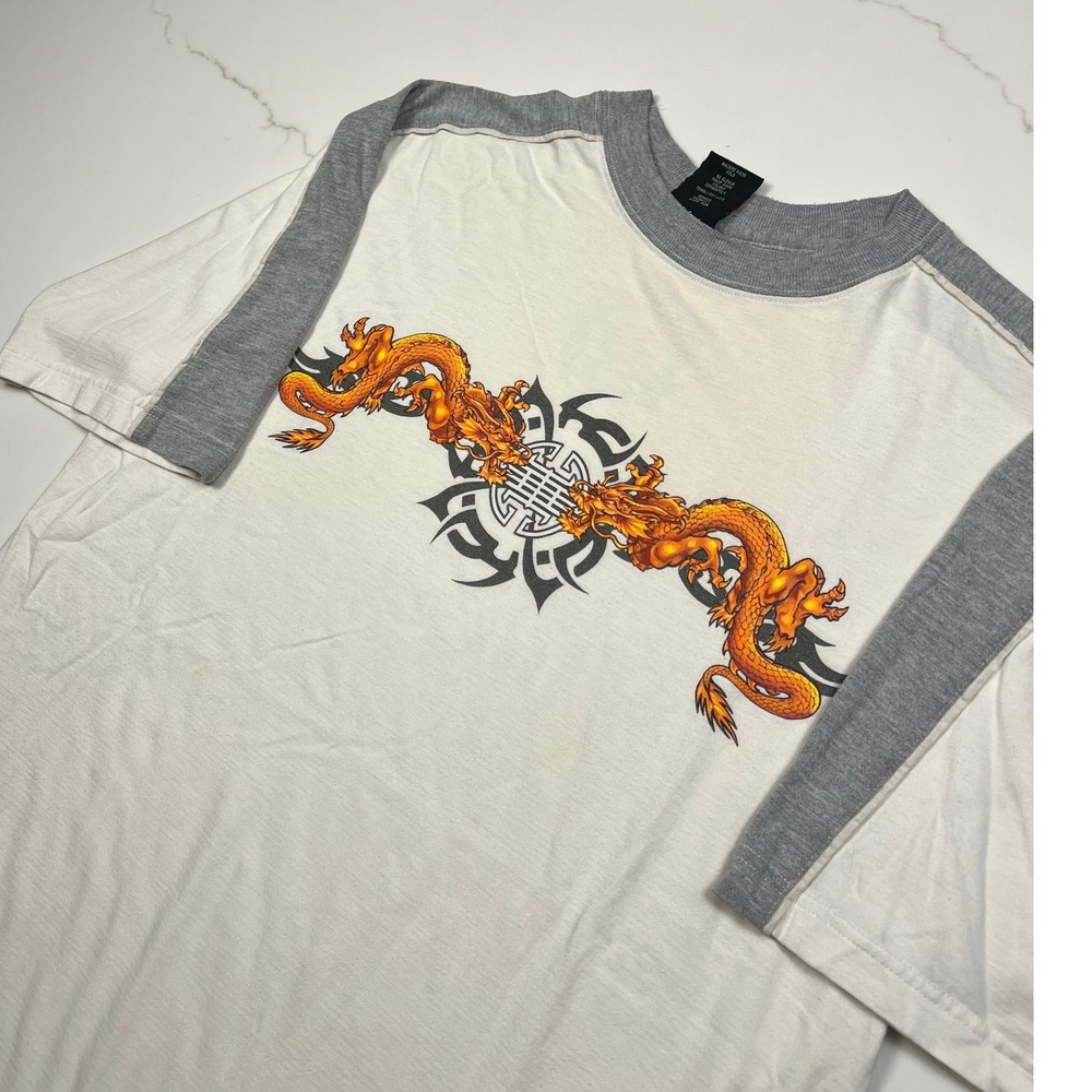 Top Heavy T-Shirt Mens Large White Grey Tribal Dragon Graphic Cotton Tee
